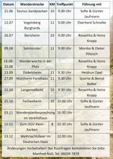 Der Wanderplan von Juni bis Dezember